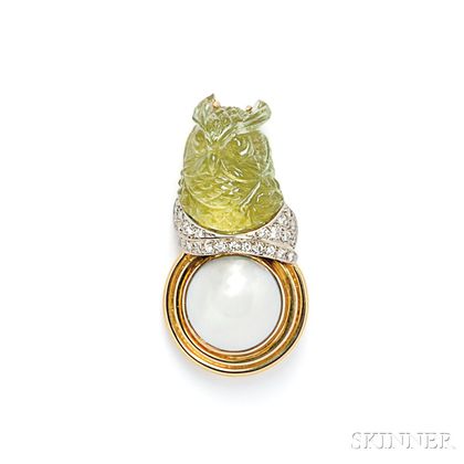 18kt Gold, Carved Peridot, and Mabe Pearl Brooch, Elizabeth Gage