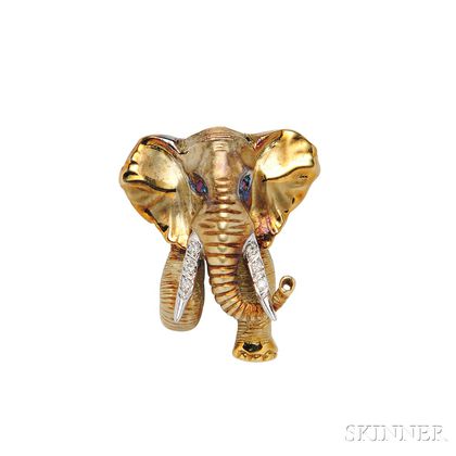 14kt Gold and Diamond Elephant Pendant/Brooch, Uwe Koetter