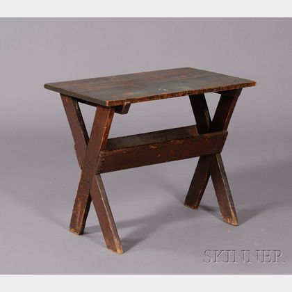 Small Blue-and Brown-painted Sawbuck Table