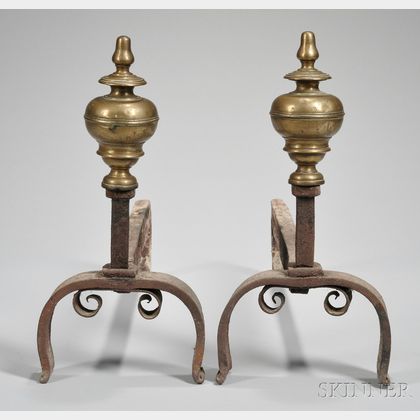 Pair of European Brass and Wrought Iron Andirons