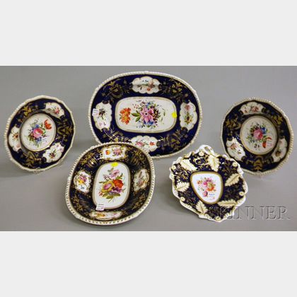 Five Derby Gilt, Cobalt, and Hand-painted Floral-decorated Porcelain Serving Items