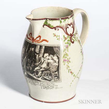 Staffordshire Transfer-printed and Polychrome-decorated Liverpool Jug