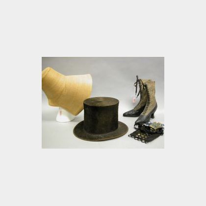 19th Century Ladys Straw Bonnet, a Pair of Regina High Leather Boots, an Embellished Silk Purse and a Gentlemans Top Hat. 