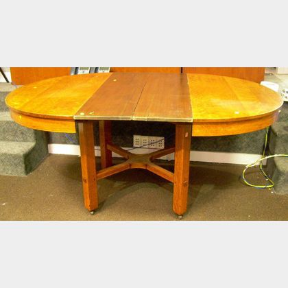 L. & J.G. Stickley Round Oak Dining Table with Crossed-stretcher Base