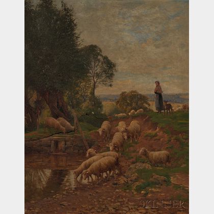 Charles H. Clair (French, 1860-1930) Shepherdess with Flock
