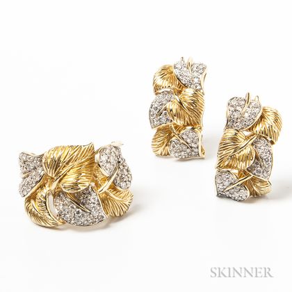 14kt Gold and Diamond Leaf-form Ring and Earring Set