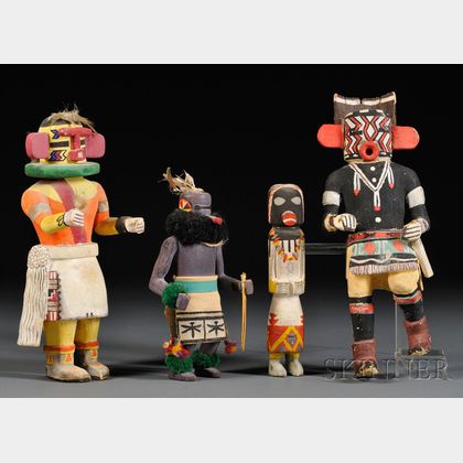 One Zuni and Three Hopi Carved Wood Warrior Kachinas