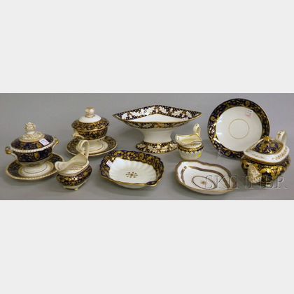Eleven Pieces of Assorted English Gilt and Cobalt-decorated Porcelain Tableware