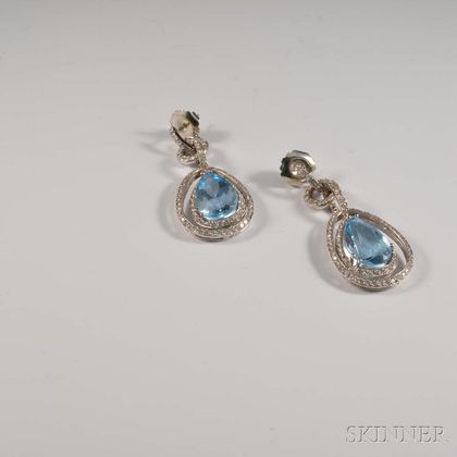 14kt White Gold, Dyed Blue Topaz, and Diamond Earrings