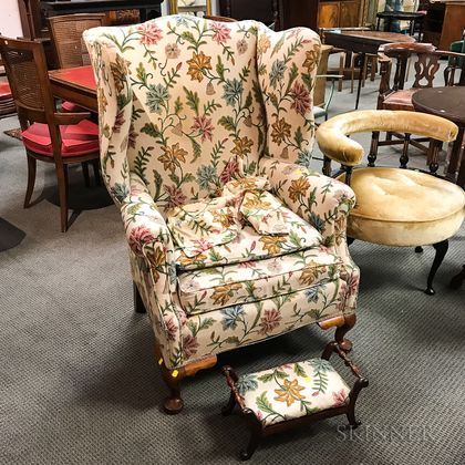 Chippendale-style Crewel-upholstered Cherry Easy Chair and Footstool