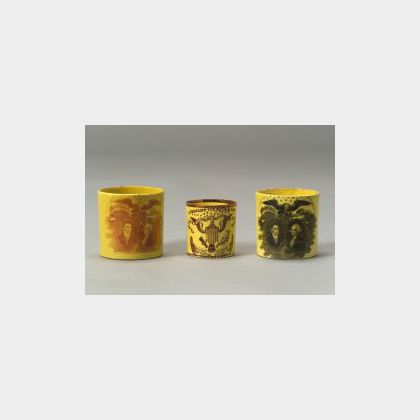 Three Historic Yellow Glazed Transfer Decorated Staffordshire Child&#39;s Mugs