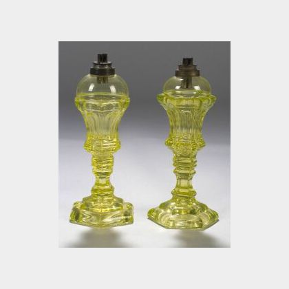 Pair of Canary Yellow Pressed Glass Fluid Lamps