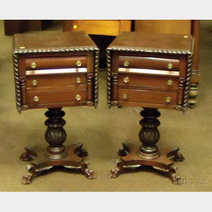 Pair of Classical-style Carved Mahogany Drop-leaf Three-Drawer Work Tables. 