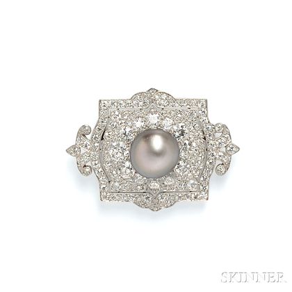 Edwardian Platinum, Pearl, and Diamond Plaque Brooch, Cartier