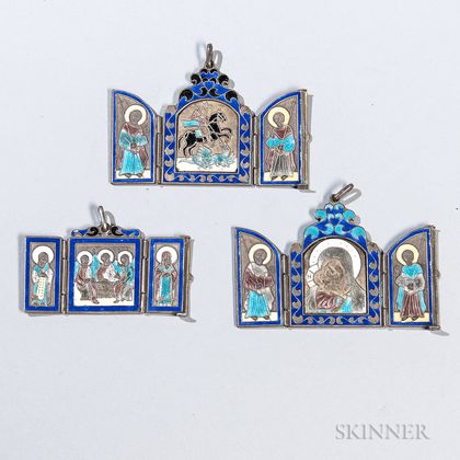 Three Russian .875 Silver and Enamel Pendant Icons