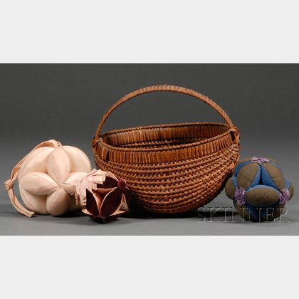 Woven Splint Ribbed Basket Containing Three Pincushions