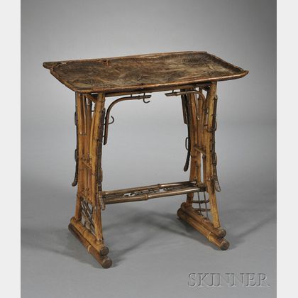 Art Nouveau Carved Hardwood and Bamboo Table