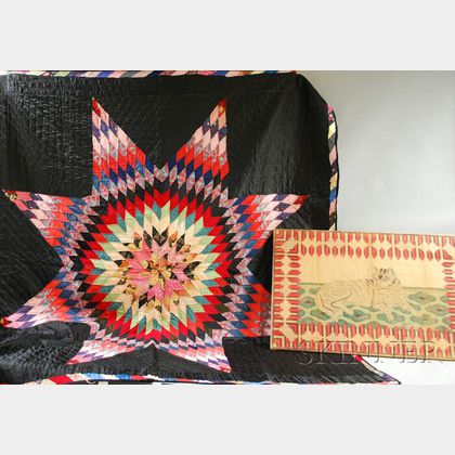 Pieced Central Star Pattern Quilt and an E. Ross & Co. Printed Recumbent Cat Pattern Rug Hooking Burlap Panel on Frame