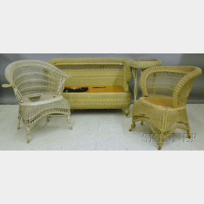 Four Pieces of Painted Late Victorian Woven Wicker Furniture
