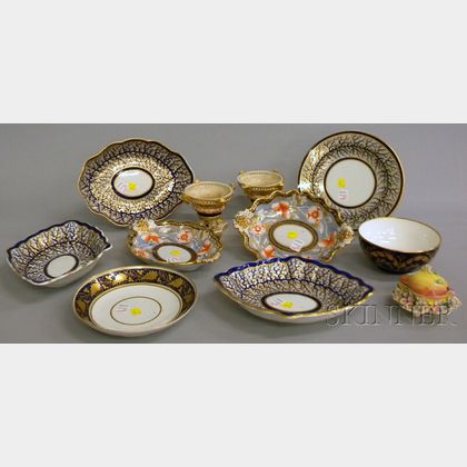 Eleven Pieces of Assorted English Gilt, Cobalt, and Hand-painted Porcelain Tableware