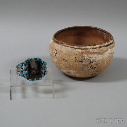Sterling Silver, Turquoise, and Agate Navajo Cuff and a Clay Pot