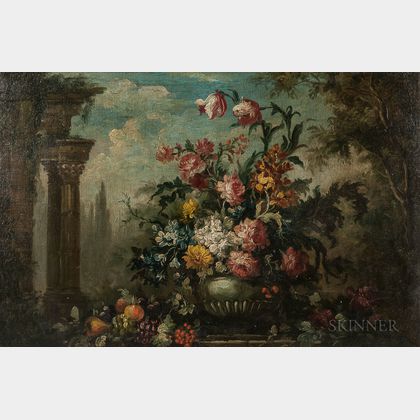 Continental School, 18th/19th Century Floral Still Life with Classical Ruins