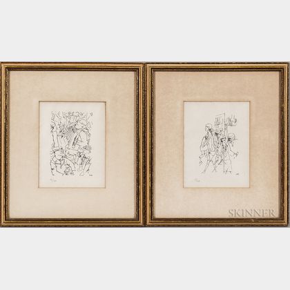 George Grosz (German/American, 1893-1959) Two Prints: Accordionist in a Paris Cafe