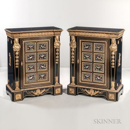 Pair of Louis XVI-style Ormolu- and Pietra Dura-mounted Ebony-veneered Cabinets