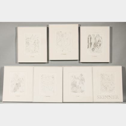 Mino Maccari (Italian, 1898-1989) Suite of Seven Framed Etchings: Gli Scampoli, La Drappeggiata, I Veli Pietosi, LAssortimento, Stoffe 