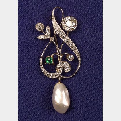 Edwardian Diamond, Pearl and Emerald Pin