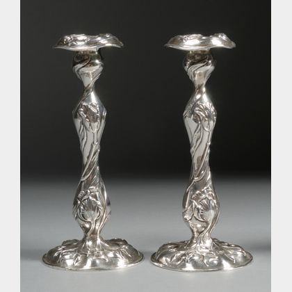Pair of Dominick & Haff Art Nouveau Weighted Sterling Candlesticks