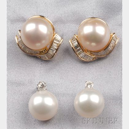 Two Pairs of 14kt Gold and Cultured Pearl Earstuds