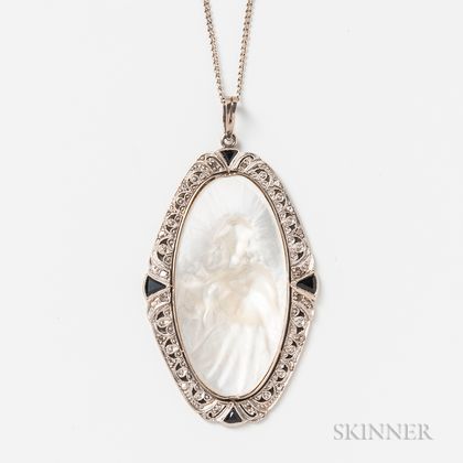 Art Deco 14kt White Gold, Diamond, Sapphire, and Mother-of-pearl Pendant