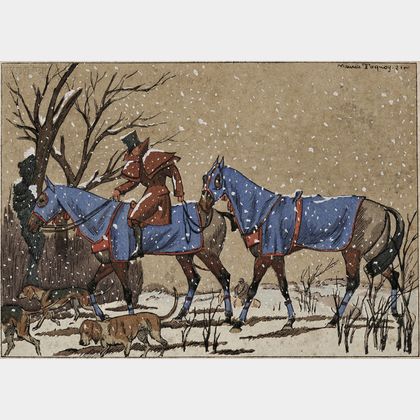 Attributed to Maurice Taquoy (French, 1878-1952) Horses and Hounds in Falling Snow