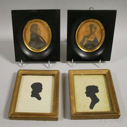 Two Framed 19th Century Miniature Silhouettes and Pair of Framed Miniature Portraits