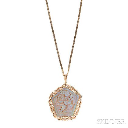 18kt Gold, Carved Opal, and Diamond Pendant