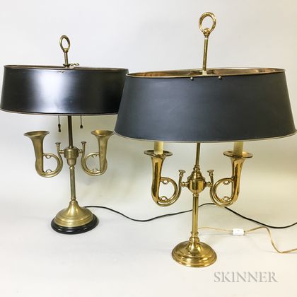 Two Brass Bugle-form Table Lamps