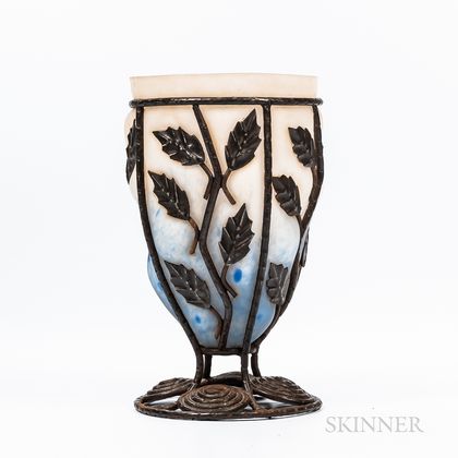 Louis Majorelle-style Art Glass and Wrought Iron Vase