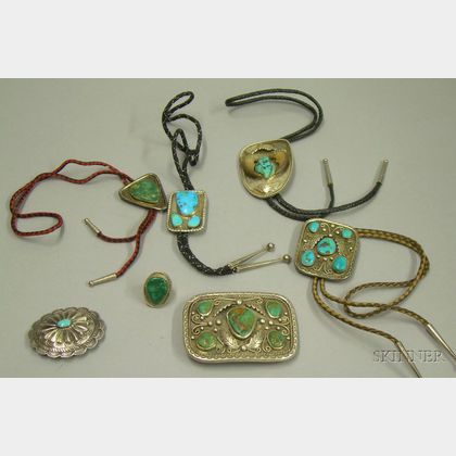 Four Southwestern Silver and Turquoise Bolo Ties, a Belt Buckle, Ring, and Brooch. 