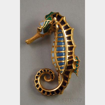 18kt Gold and Plique-a-Jour Enamel Sea Horse Brooch