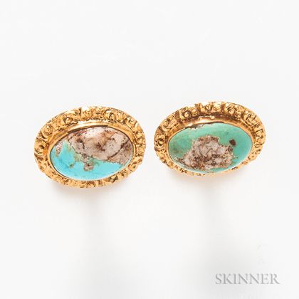 Pair of 14kt Gold and Turquoise Cuff Links