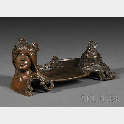 Georges Flamand (French, ac. 1895-1925),Art Nouveau Bronze Inkstand