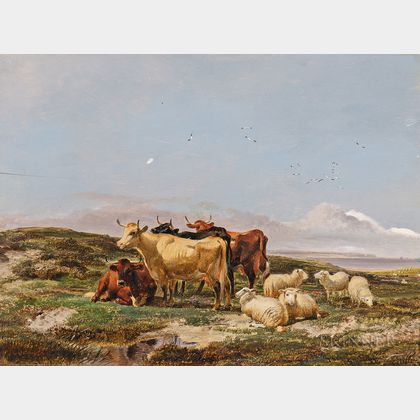 Thomas Sidney Cooper (British, 1803-1902) Cattle and Sheep by the Coast