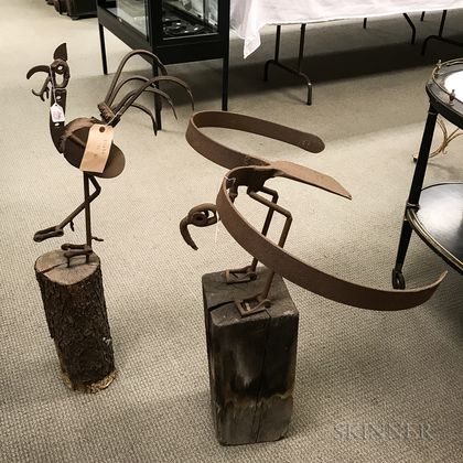 Two Wood and Iron Found Object Sculptures of Birds