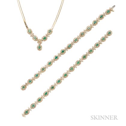14kt Gold, Emerald, and Diamond Necklace and Bracelet
