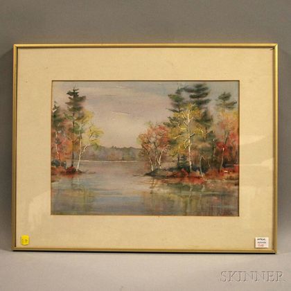 Gertrude Carter (American, 20th Century) Autumn Light/New England Lake View with Birches.