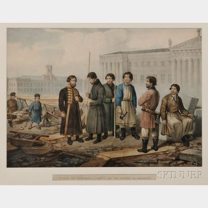 Hand-colored Lithograph of Masons Building a Monument
