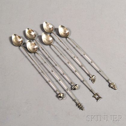Six Asian-themed Sterling Silver Iced Tea Spoons