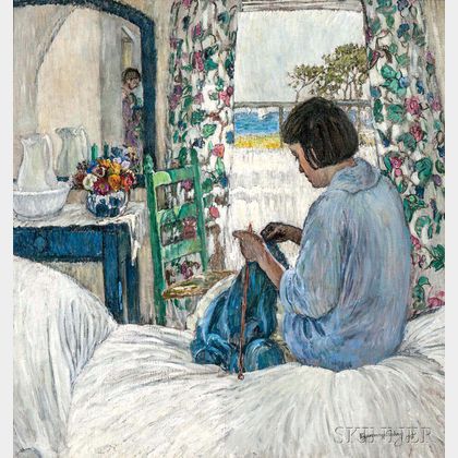 Esperanza Gabay (American, 1875-1963) Woman Knitting in a Sunlit Bedroom