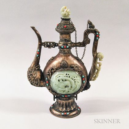 Mongolian-style Silver-plate and Carved Hardstone Ewer
